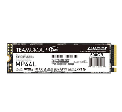 Top view of the TEAMGROUP MP44L 500GB M.2 PCIe 4.0 NVMe SSD showing the ultra-thin patented graphene thermal dissipation label.