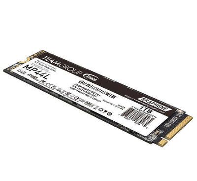 Detailed view of the M.2 2280 interface pins and high-speed controller architecture on the TEAMGROUP MP44L 1TB solid-state drive.