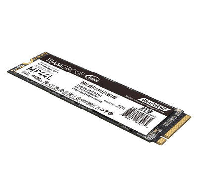 Close-up technical view of the interface pins, controller layout, and high-capacity single-sided NAND on the TEAMGROUP MP44L 2TB solid-state drive.