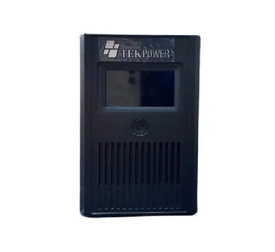 Rear interface view of the TEK Power 650VA UPS detailing power output receptacles, fuse modules, and input cable.