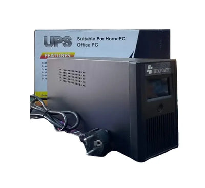 TEK Power 650VA UPS integrated alongside a desktop workstation and Wi-Fi network routing peripherals for complete power protection.