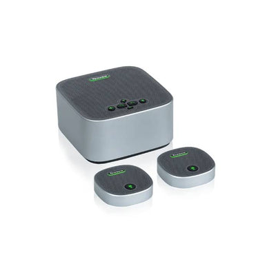Top View of Tenveo M6B Speakerphone showing touch controls and 8-mic array for 360 degree pickup.