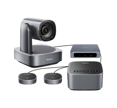 Tenveo conference speakerphone unit with dual expansion microphones for 360-degree room audio pickup