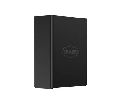 TerraMaster F8 SSD 8-bay all-NVMe NAS enclosure in black showing front power button and LED status lights.