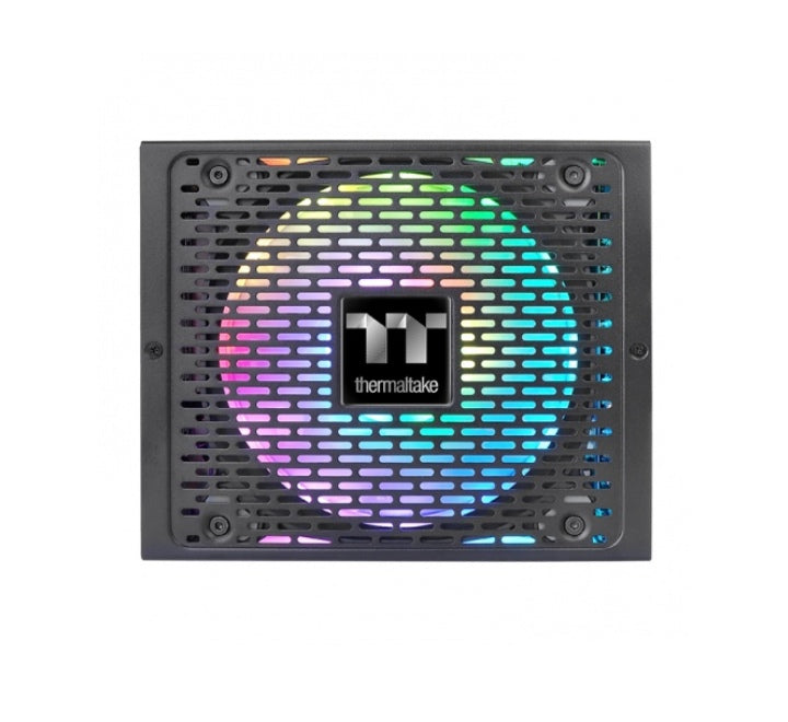 Top view of the Thermaltake Toughpower PF1 ARGB 1050W power supply showing the illuminated Riing Duo RGB fan