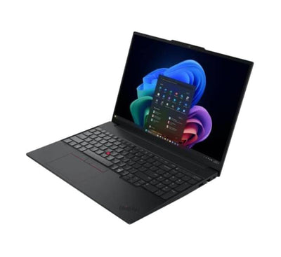 Close-up of the Lenovo ThinkPad E16 Gen 4 backlit keyboard, numeric pad, and signature red TrackPoint.