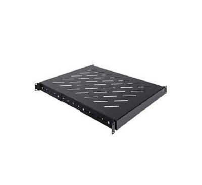 Toten UMT-550-BL 19-inch rack shelf front angled view showing black powder finish and variable rails.