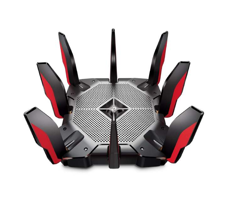 TP-Link Archer AX11000 Next-Gen Tri-Band WiFi 6 Gaming Router featuring 8 high-performance antennas and a sleek black and red design.