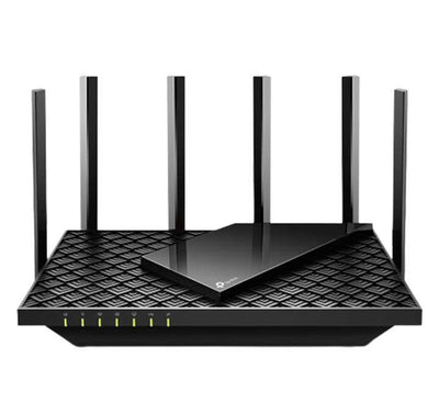 TP-Link Archer AX73 AX5400 Wi-Fi 6 router front angle view displaying its 6 high-performance antennas