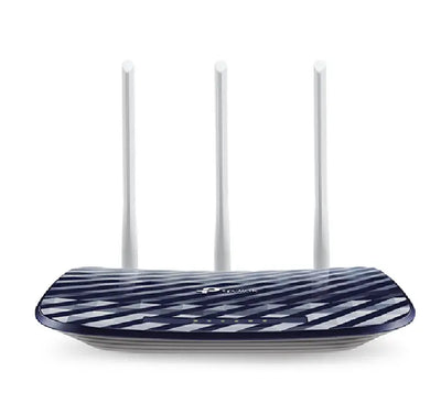 TP-Link Archer C20 AC750 dual band wireless router displaying top sleek textured grid design and three high gain external antennas