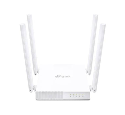 TP-Link Archer C24 AC750 dual-band Wi-Fi router top view showing compact white body with 4 external antennas