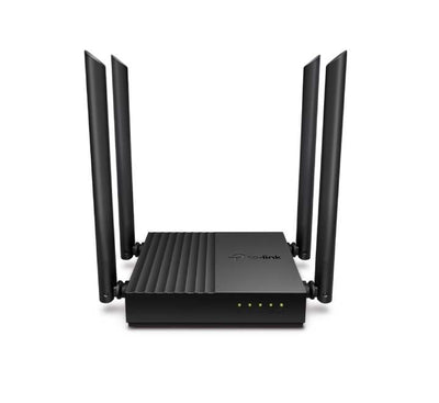 TP-Link Archer C64 AC1200 Wireless MU-MIMO Gigabit WiFi Router main front view showing its compact black design and four external antennas.