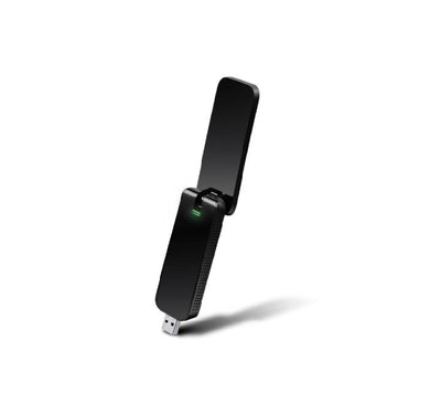 TP-Link Archer T4U AC1300 High Gain Wireless USB Adapter viewed from the front with antennas extended.