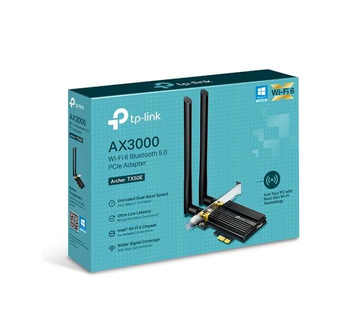 Close-up of the TP-Link Archer TX50E high-gain dual-band antennas and heatsink.