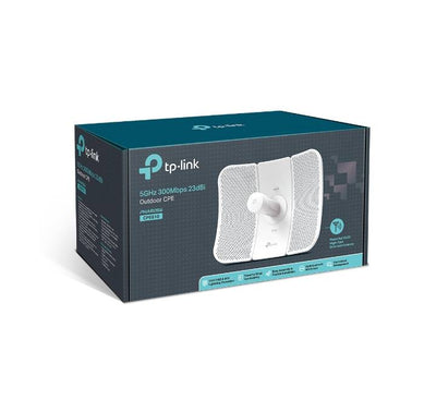Close-up of the shielded Ethernet port and protective weatherproof panel on the TP-Link CPE610.