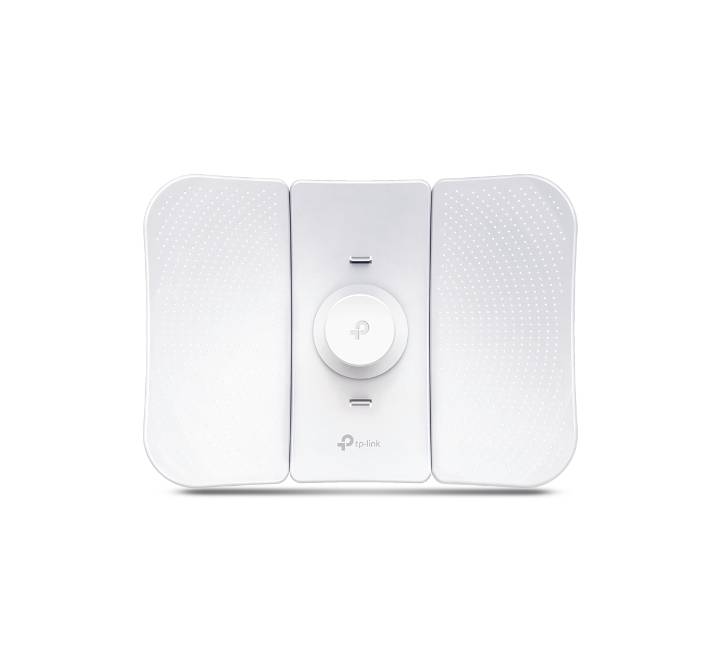 The complete retail package contents of the TP-Link CPE710 outdoor CPE including the parabolic dish segments, feed unit, pole mounting straps, and Passive PoE adapter.