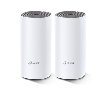 TP-Link Deco E4 AC1200 Whole Home Mesh Wi-Fi System 2-pack units displayed side by side.