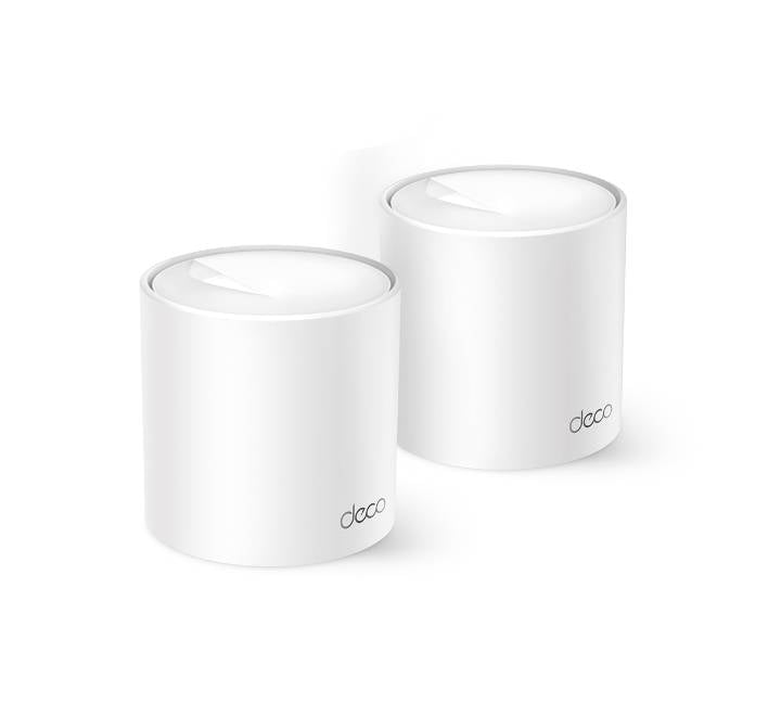 TP-Link Deco X10 AX1500 Whole Home Mesh Wi-Fi 6 System 2-pack showing two white cylindrical mesh router units.