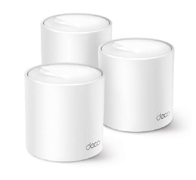 TP-Link Deco X10 AX1500 Whole Home Mesh Wi-Fi 6 System 3-pack showing three sleek white cylindrical router nodes.
