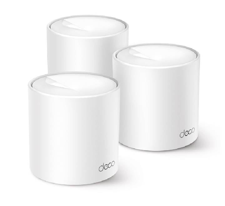TP-Link Deco X10 AX1500 Whole Home Mesh Wi-Fi 6 System 3-pack showing three sleek white cylindrical router nodes.