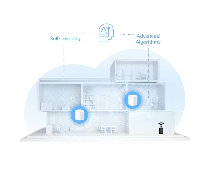 TP-Link Deco X10 Wi-Fi 6 mesh unit placed on a living room table delivering seamless coverage up to 3900 sq ft.