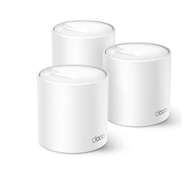 TP-Link Deco X50 AX3000 Whole Home Mesh Wi-Fi 6 System 3-pack showing three white cylindrical router units.