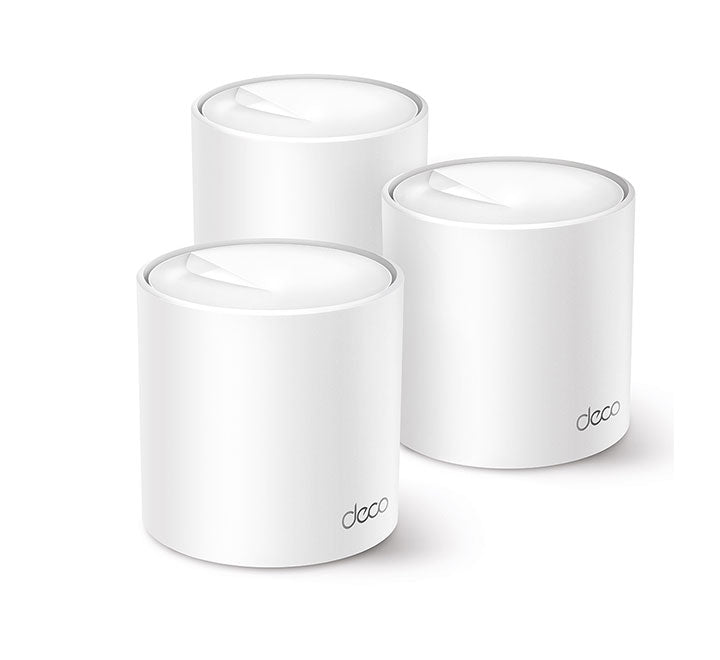 TP-Link Deco X50 AX3000 Whole Home Mesh Wi-Fi 6 System 3-pack showing three white cylindrical router units.