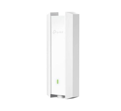 Waterproof IP67 rated TP-Link EAP650-Outdoor access point mounted on a pole outside an office building
