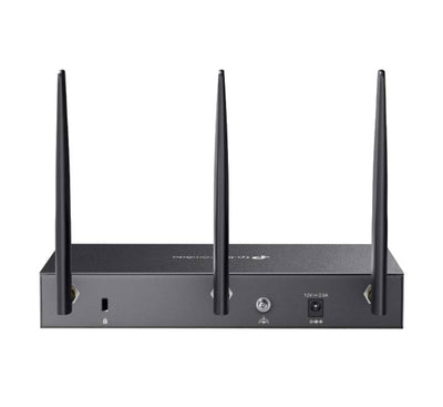 Close-up of the TP-Link ER706W router ports including 1 Gigabit SFP WAN/LAN port, 5 Gigabit RJ45 ports, and 1 USB 3.0 port.