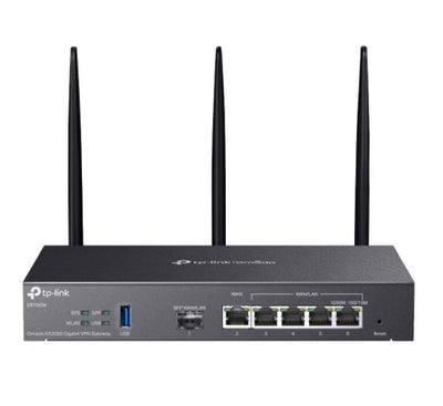 Front view of the TP-Link ER706W Omada AX3000 Gigabit VPN Router showing its five external antennas and sleek black enterprise chassis.
