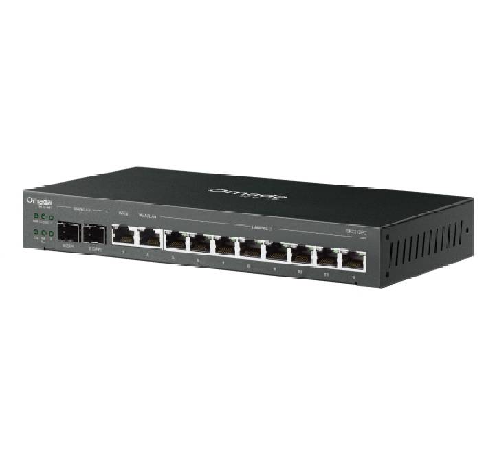 Rear panel and fanless metal chassis view of the TP-Link Omada ER7212PC integrated enterprise network router and gateway.