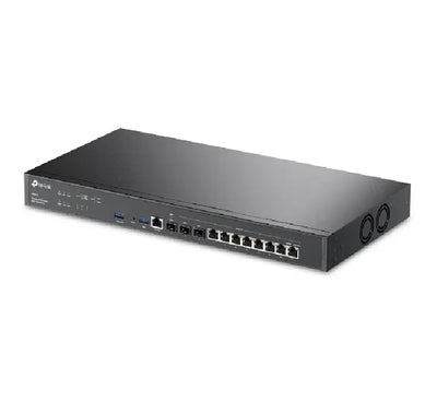 Detailed view of the 10G SFP+ and Gigabit RJ45 WAN/LAN ports on the TP-Link ER8411 enterprise gateway.