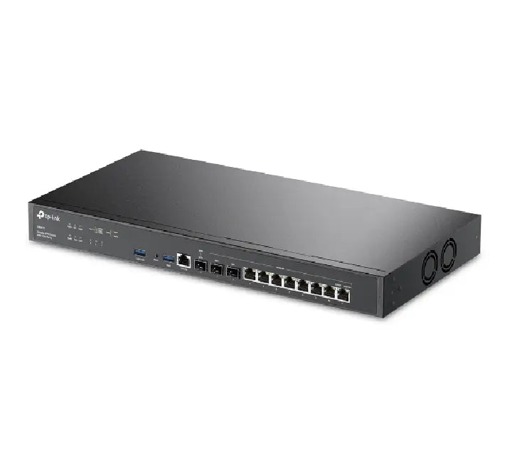 Detailed view of the 10G SFP+ and Gigabit RJ45 WAN/LAN ports on the TP-Link ER8411 enterprise gateway.