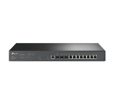 Front view of TP-Link ER8411 Omada VPN Router featuring 10G SFP+ ports and LED status indicators.