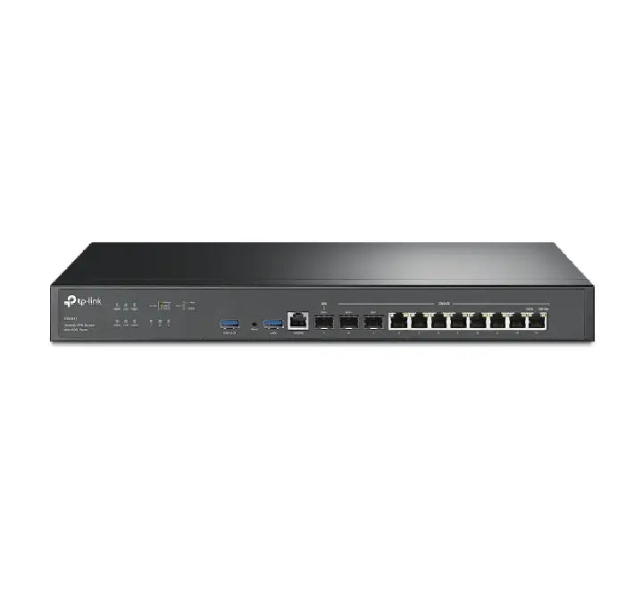 Front view of TP-Link ER8411 Omada VPN Router featuring 10G SFP+ ports and LED status indicators.
