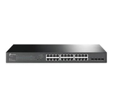 Front view of the TP-Link TL-SG2428P JetStream 28-Port Smart Switch showing PoE+ ports and indicators.