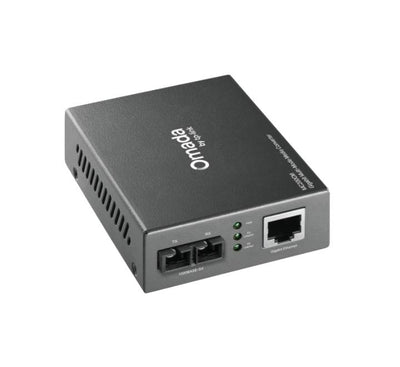 Side and rear view of the TP-Link MC200CM media converter highlighting its compact metal chassis and DC power input.