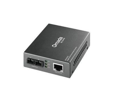 TP-Link MC200CM Gigabit Multi-Mode Media Converter showing the SC fiber port, RJ45 Ethernet port, and front status LED indicators.