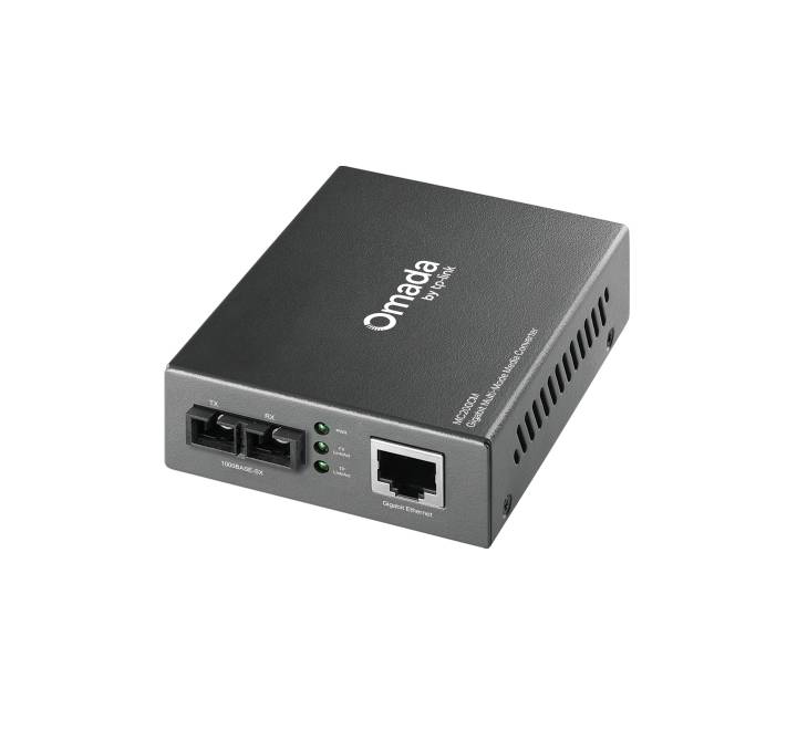 TP-Link MC200CM Gigabit Multi-Mode Media Converter showing the SC fiber port, RJ45 Ethernet port, and front status LED indicators.