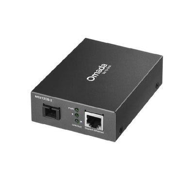 TP-Link Omada MC212CS-2 Gigabit WDM Media Converter showing ports and status LEDs.