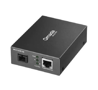 TP-Link MC212CS-20 Gigabit WDM Media Converter showing SC fiber port and RJ45 ethernet port.
