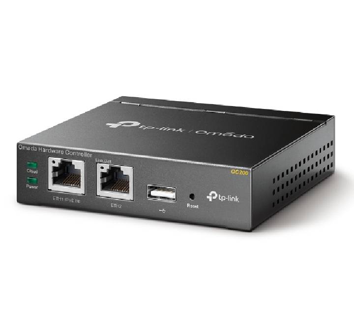Rear profile view of the Omada OC200 controller highlighting the PoE ethernet ports, Micro USB power slot, and USB backup link.