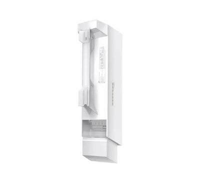 TP-Link Omada EAP215-Bridge mounted on an outdoor metal pole, illustrating a point-to-point network link back to a main building.