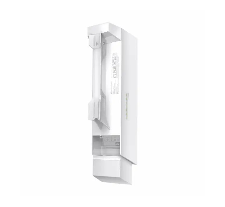 TP-Link Omada EAP215-Bridge mounted on an outdoor metal pole, illustrating a point-to-point network link back to a main building.