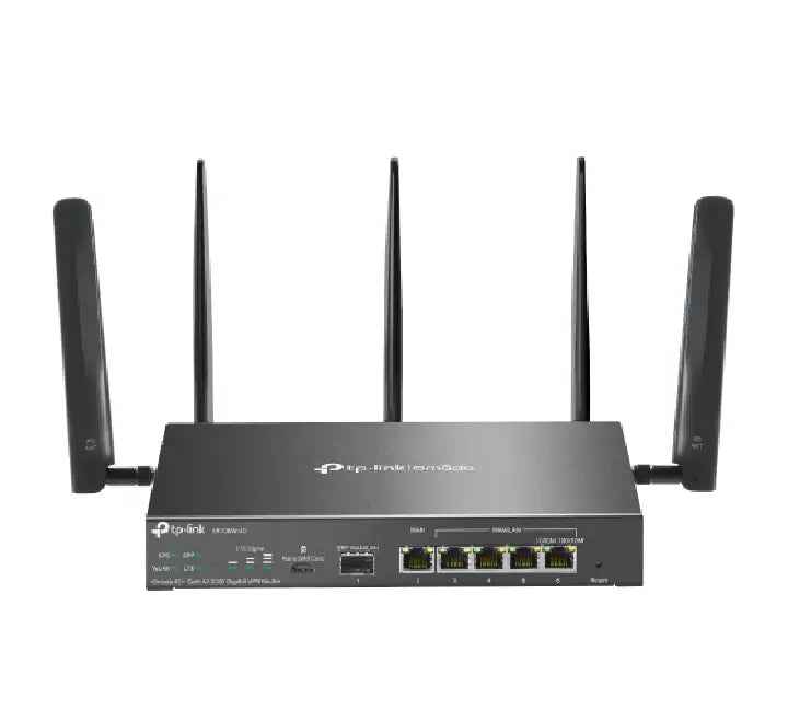 TP-Link Omada ER706W-4G VPN Router featuring three detachable antennas and Nano-SIM slot.