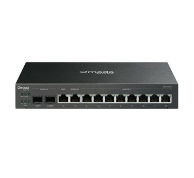 Front view of the TP-Link Omada ER7212PC 3-in-1 Gigabit VPN Router showing the SFP slots, WAN/LAN ports, and integrated PoE+ Ethernet port layout.