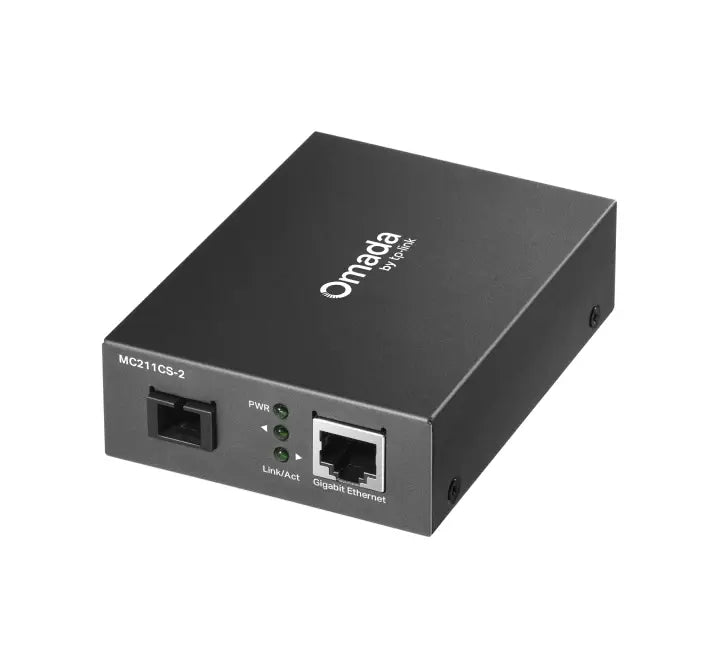TP-Link Omada MC211CS-2 Gigabit WDM Media Converter front view showing the SC/UPC fiber port and RJ45 ethernet port.