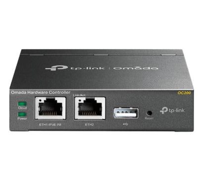 Front angle view of the TP-Link Omada OC200 Cloud SDN hardware controller showing the indicator status lights and durable metal casing.