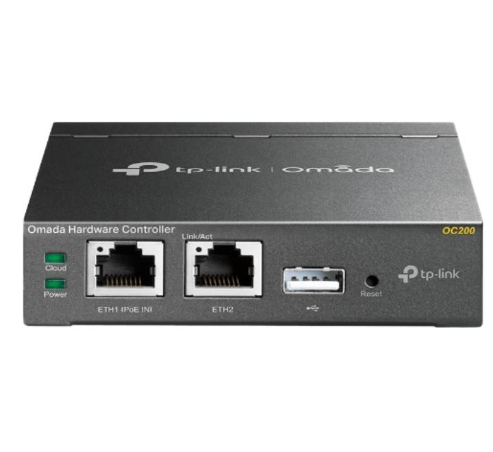 Front angle view of the TP-Link Omada OC200 Cloud SDN hardware controller showing the indicator status lights and durable metal casing.