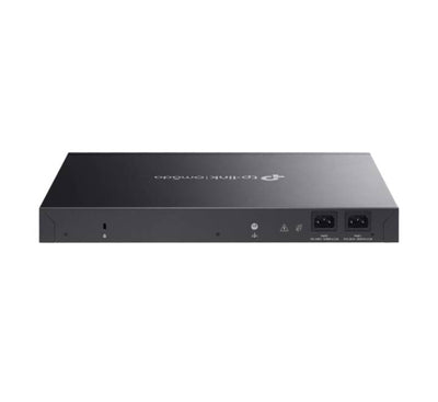 Rear profile of the TP-Link Omada SX3032F switch showing dual redundant power supply slots.